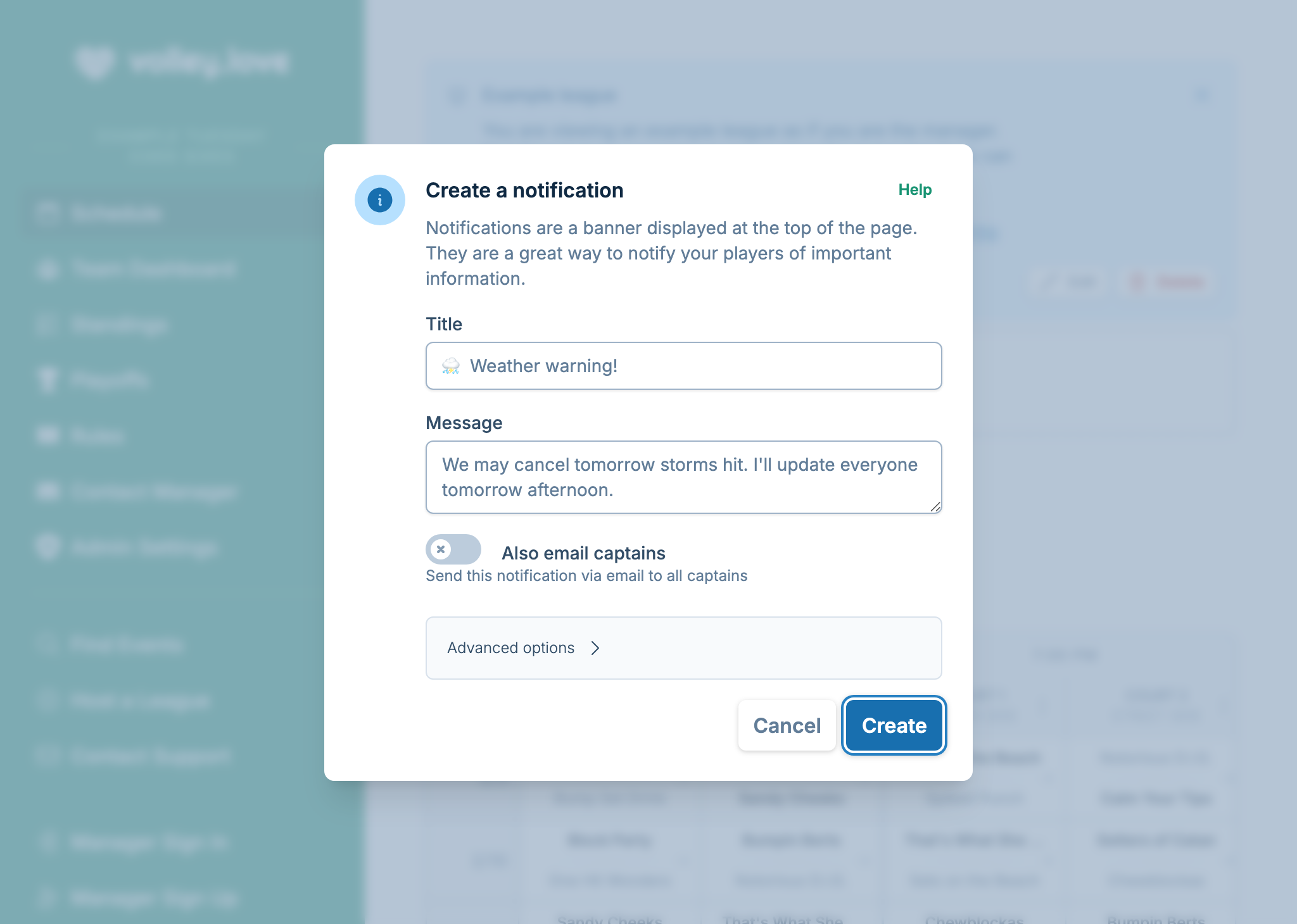 A screenshot showing the notification creation form, where a manager is notifying captains games may be canceled if the radar doesn't improve