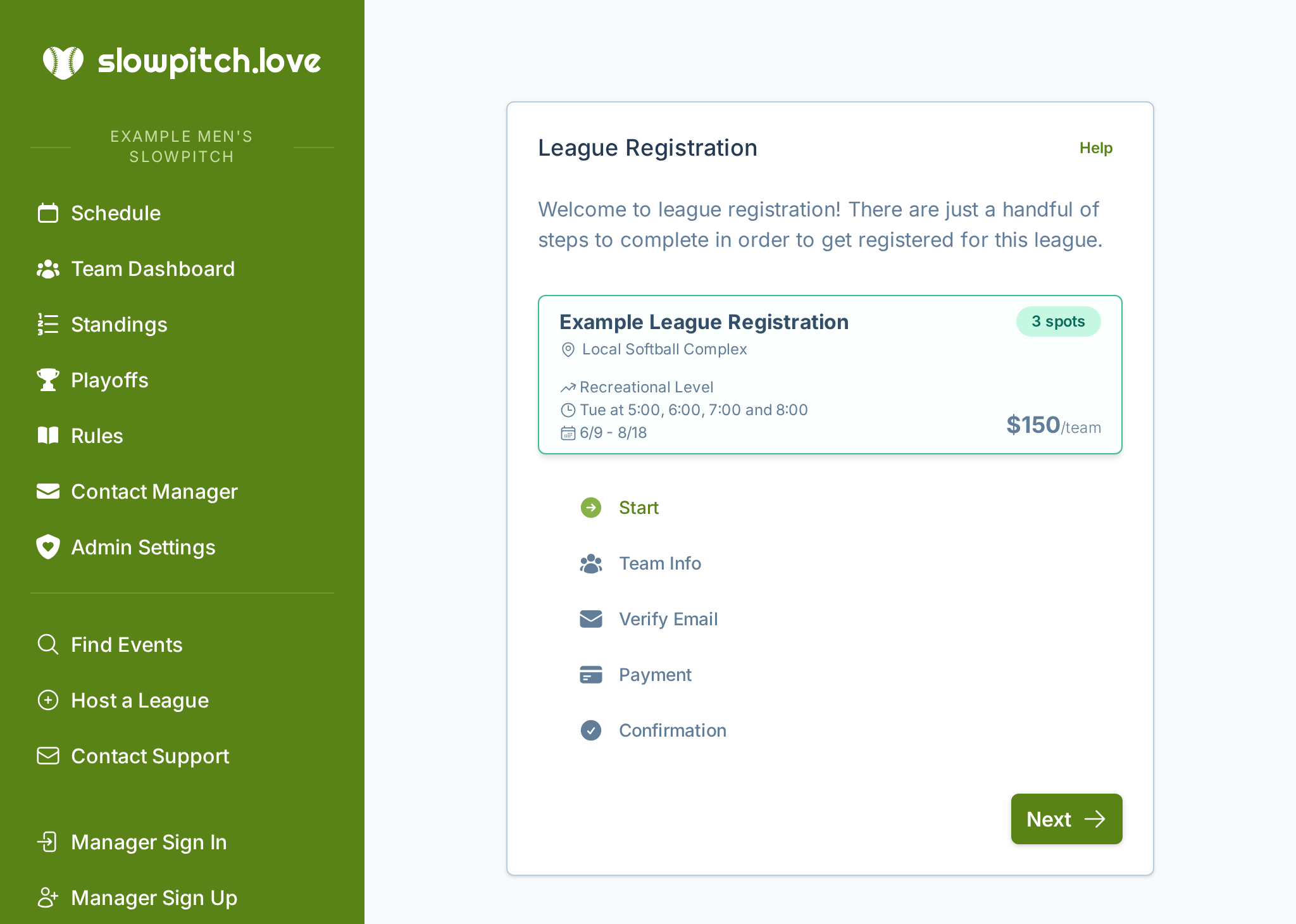 A screenshot of the team registration experience