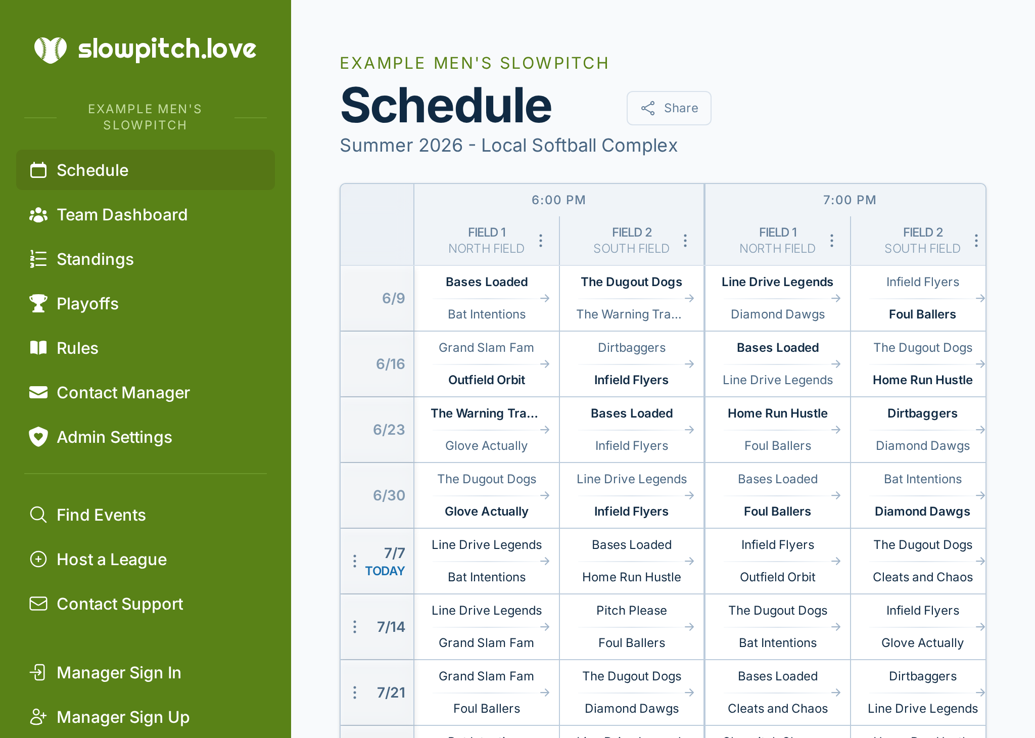 slowpitch.love schedule screenshot