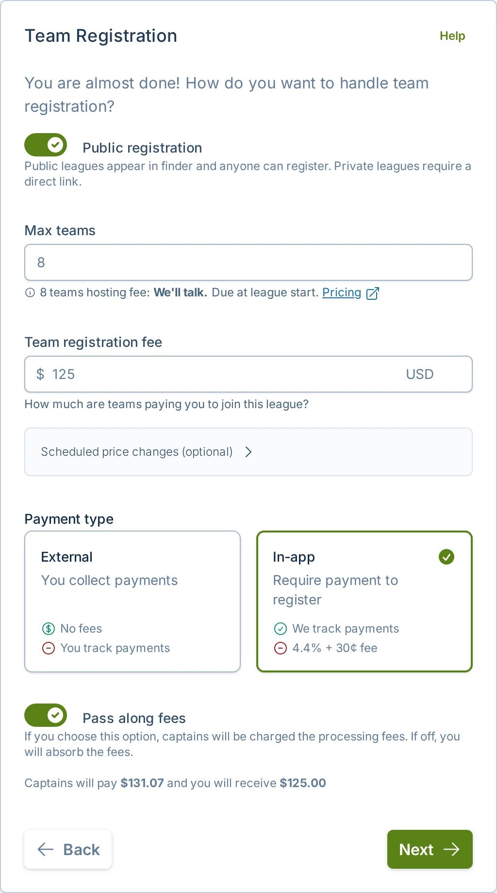 Create league team registration step in slowpitch.love, a softball signup and payments platform