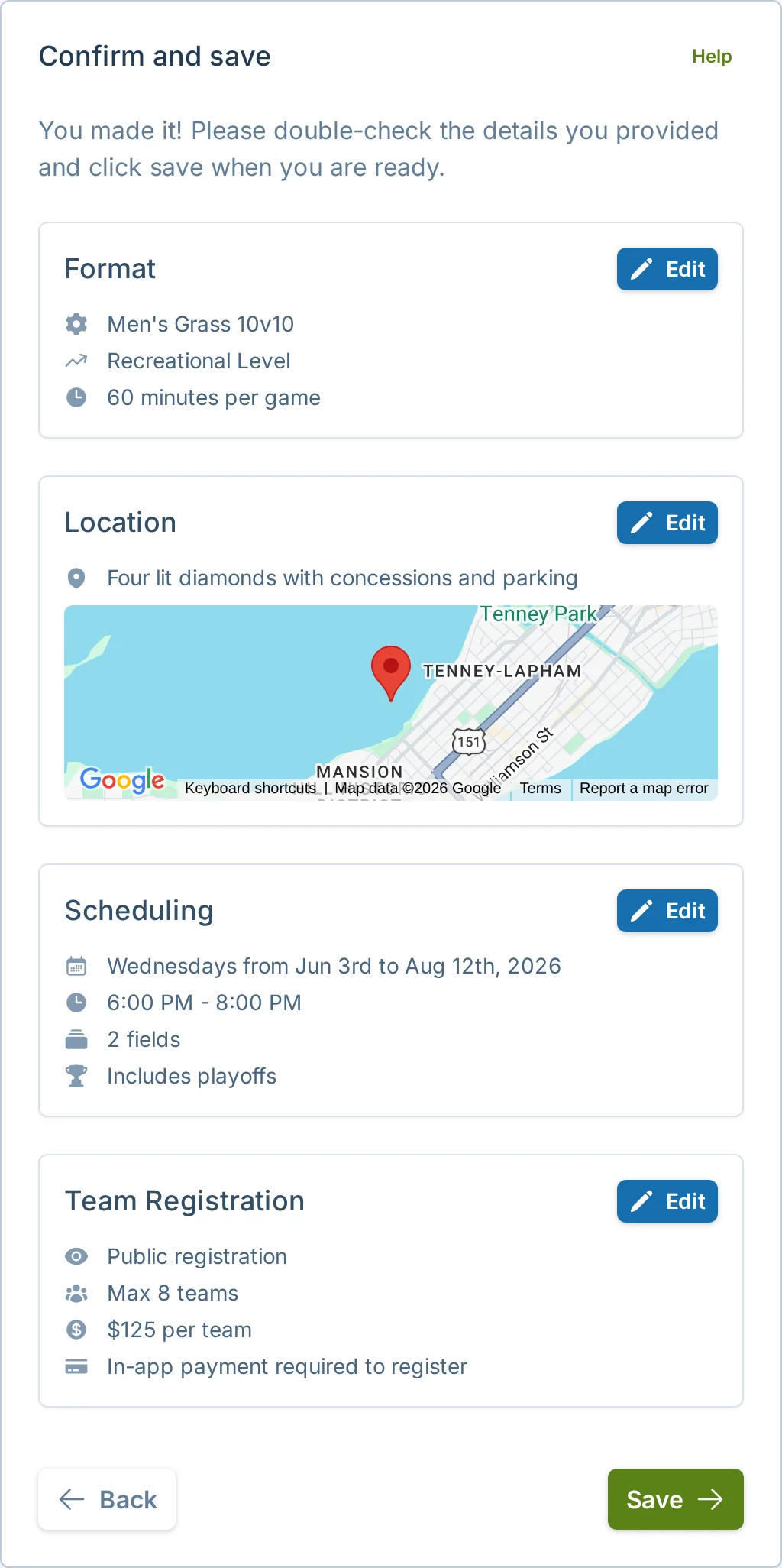 Create league review and save step in slowpitch.love, a softball league launch app
