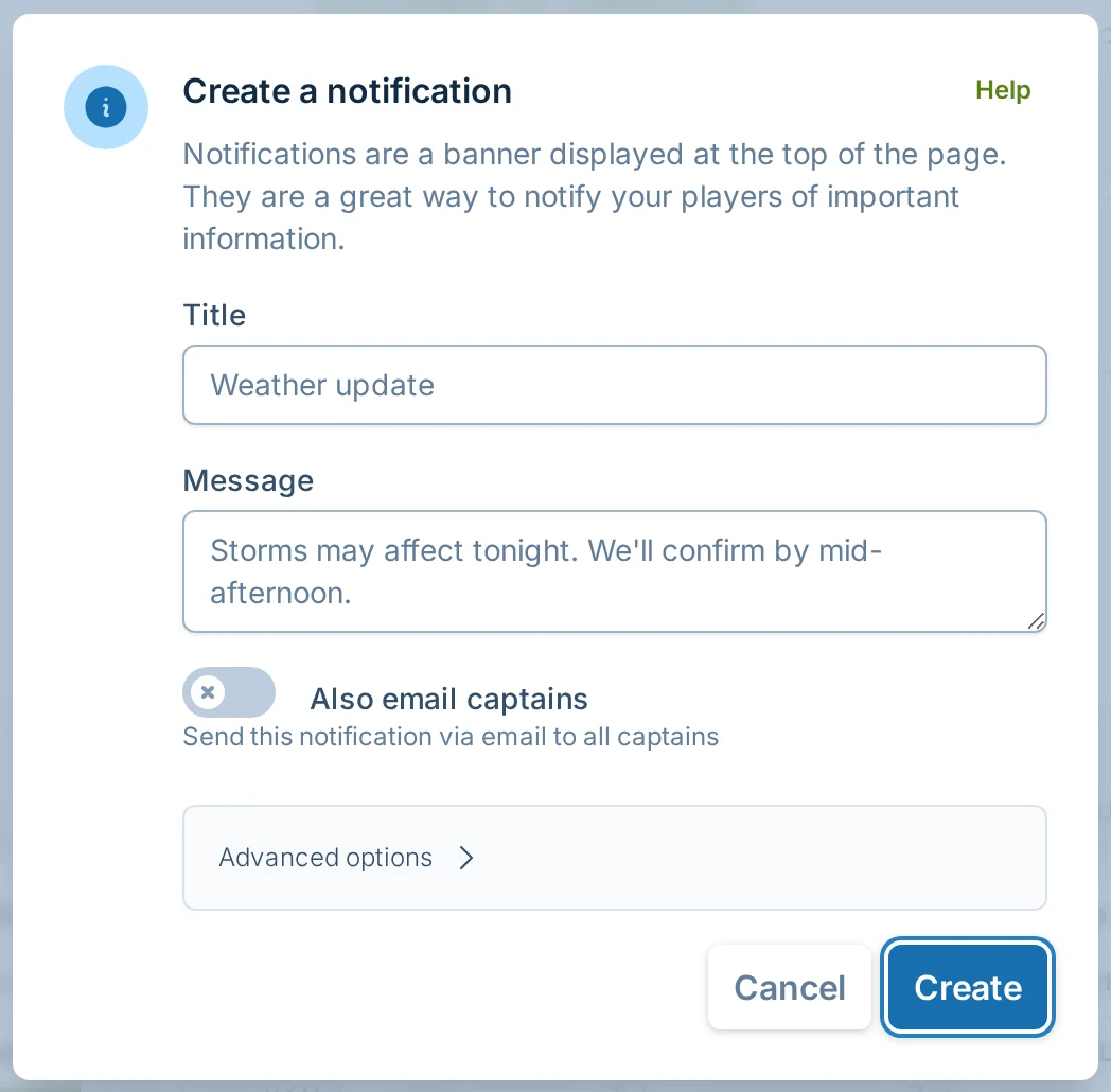 Create notification dialog in slowpitch.love, a softball management platform